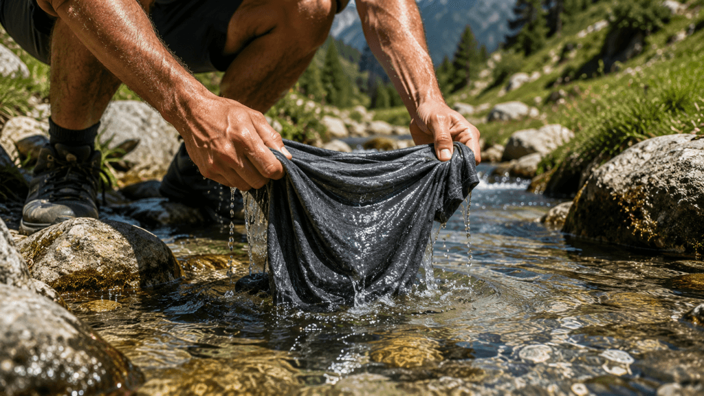 Camiseta de algodón mojada para ayudar a reducir la temperatura corporal durante una ruta con mucho calor.